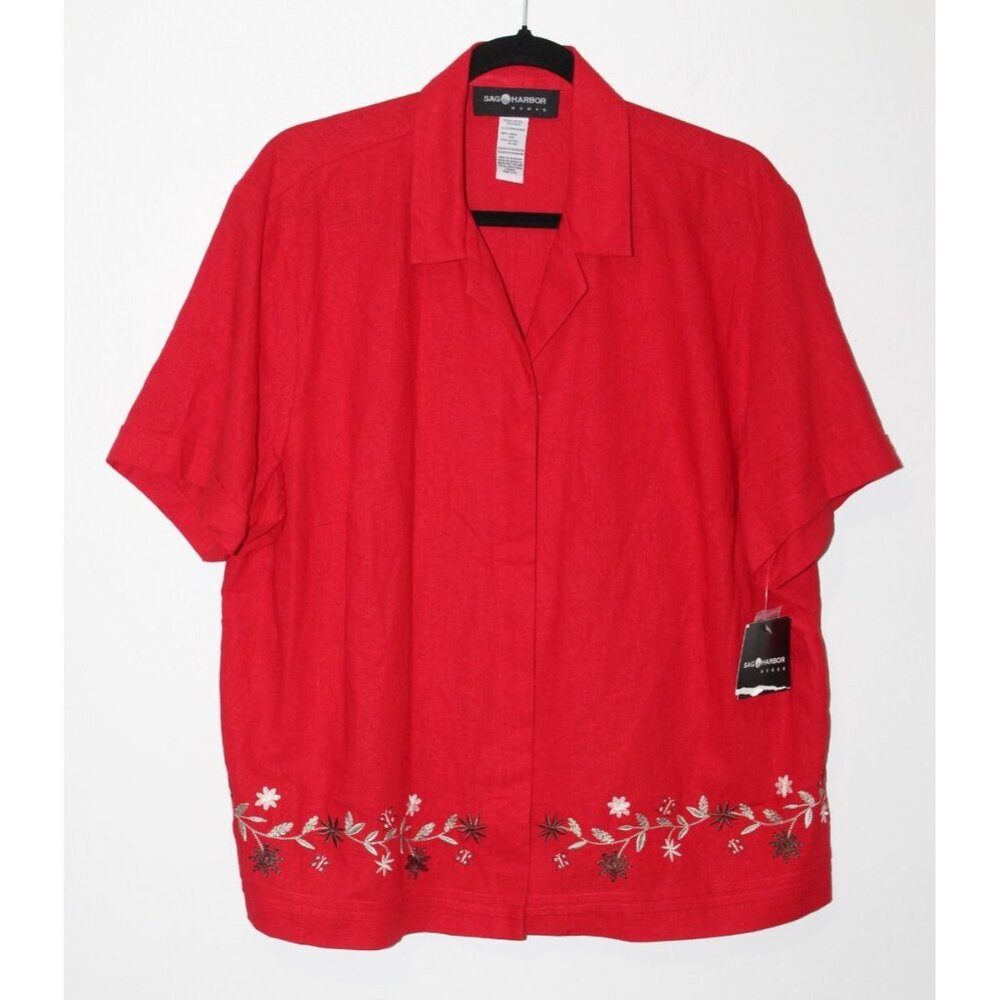 Sag Harbor Red Embroidered Short Sleeve Linen Blend Button Front Blouse 1X NWT